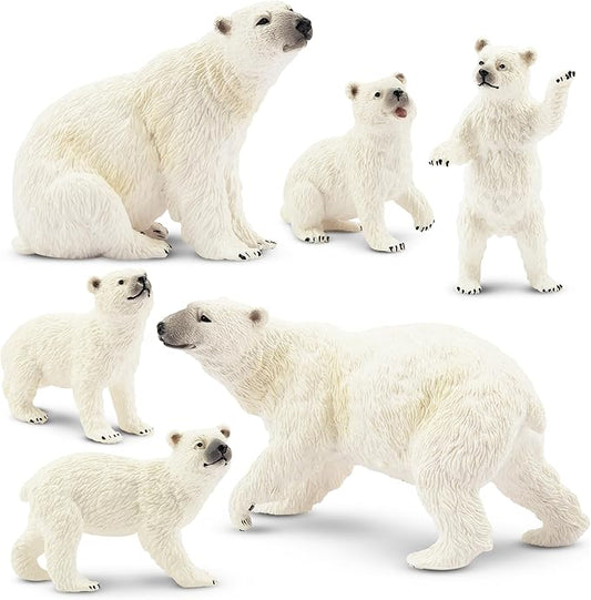 Toymany 6PCS Polar Bear Figurines Toy with Polar Bear Cub, 2-4" Realistic Plastic Arctic Animals Figures Family Set for Christmas Educational Toys Cake Toppers Birthday Gifts for Kids