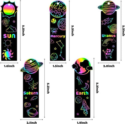 CY2SIDE 72PCS Solar System 9 Planets Scratch Bookmarks for Kids, Outer Space Theme Scratch Card Craft Kits, Galaxy Star Magic Art Rainbow Color Craft Kit for School Party Favors