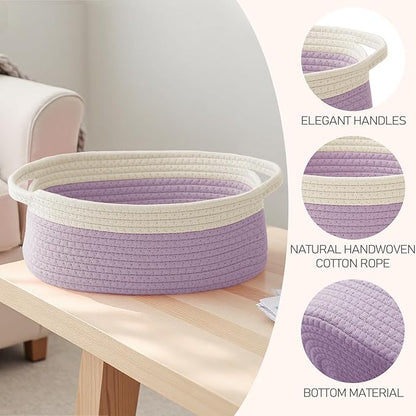 JMvicyroam Woven Basket,Small Rope Storage Bin with Handles & Ribbon Bag, Organizer for Shelves Closets,Gift Basket Empty for Birthday,Books,Dog Toys, White&Purple/2 Pack