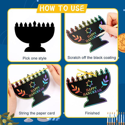 JULMELON Hanukkah Scratch Art, 36 PCS Hanukkah Craft Kits for Kids Rainbow Magic Scratch Art Chanukah Hanging Ornaments Scratch Paper for Hanukkah Decorations Kids Party Games Toys Gifts