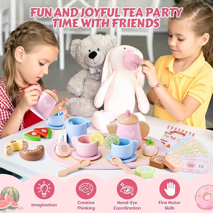 Wooden Tea Party Set, Tea Set for Little Girls 1-3 Toddler Tea Sets for Girls 2-4 with Wooden Toys Food Pretend Play Tea Party Wooden Kitchen Toys Playset Christmas Birthday Gift