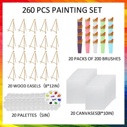 260 Pcs Art Painting Kit Supplies Set for Kids to Party - 20 Packs of 200 Brushes, 20 Wood Easels(8 * 12in), 20 Canvas Panels(8 * 10in) & 20 Palettes(5in), No Paint