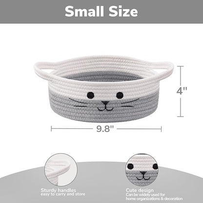 Cute Cat Toy Basket, Gift Baskets Empty for Home Decor, Baby Basket for Baby Shower, Small Cotton Rope Baskets for Pets Toys, White & Grey, 9.8 x 4 inches