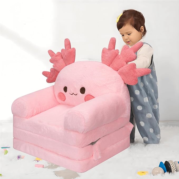MONKISS 2-in-1 Toddler Couch Chair Comfy, Kids Chair Couch, Mini Couch, Flip Out Sherpa Kids Sofa, Baby Couch, Chair for Toddlers 1-3, Kids Lounge Chair Reading Chair, Kids Couch Bed Fold Out, Axolotl