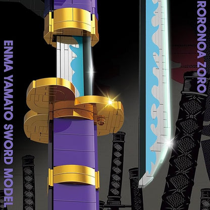 HI-REEKE Cosplay Anime Swords Building Blocks Kit 1 Piece Roronoa Zoro Enma Yamato Sword Model Samurai Katana Toys for Adult -936PCS Luminous