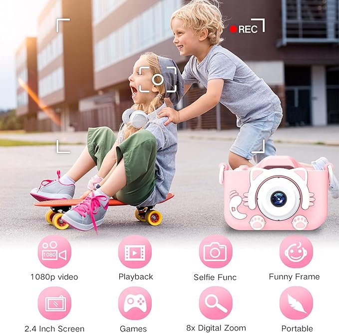 Goopow Kids Camera Toys for 3-8 Year Old Girls Boys,Children Digital Video Camcorder Camera with Cartoon Soft Silicone Cover, Best Chritmas Birthday Festival Gift for Kids - 32G SD Card Included
