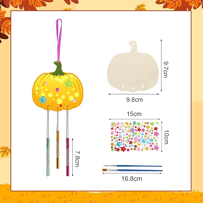 Fennoral 9 Pack Pumpkins Wind Chime Kit for Kids Make Your Pumpkin Wind Chimes Wooden Arts and Crafts for Kids DIY Coloring Pumpkin Craft for Party Supplies Fall Thanksgiving Decoartion
