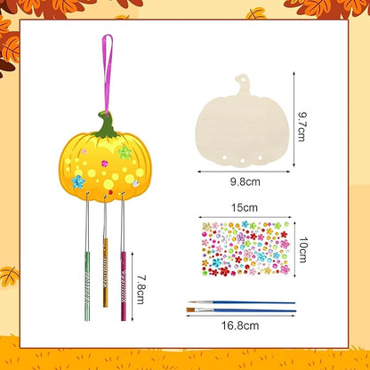 Fennoral 9 Pack Pumpkins Wind Chime Kit for Kids Make Your Pumpkin Wind Chimes Wooden Arts and Crafts for Kids DIY Coloring Pumpkin Craft for Party Supplies Fall Thanksgiving Decoartion