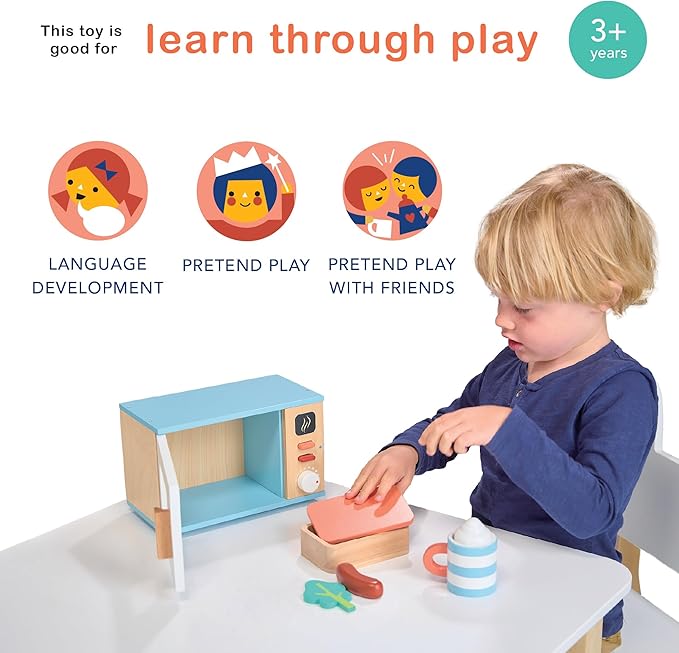 Mentari Toys - Toy Microwave - 9pc Wooden Microwave Set with Pretend Play Food - Kids Role Play Kitchen Accessories - Improve Social and Communication Skills - Sparks Creativity - Age 3+