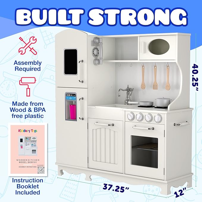 Play Kitchen - Wooden Kitchen Playset for Toddlers & Kids - Large Pretend Kitchenette for Boys & Girls - Step by Step Assembly Video Included- with 9 Kitchen Toy Accessories - Ages 3+