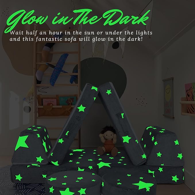 MeMoreCool Modular Glow Star Sofa for Kids, 8-Piece Convertible Foam Couch Play Set for Toddlers, Playroom, and Children