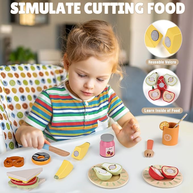 Dreamon Wooden Play Food Set - 22 Pcs Play Food Sets for Kids Kitchen with Carry Basket,Pretend Food for Toddlers,Cutting Food Toys for Toddlers for 3+ Year Old Boys and Girls Gifts