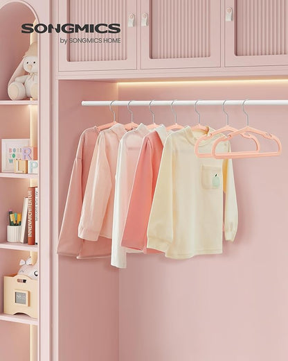 SONGMICS Baby Hangers 50 Pack, 11 x 6.9 Inches, Kids Hangers for Closet, Non-Slip Velvet Hangers, Childrens Hangers, Space-Saving Clothes Hangers, Wide Shoulder Notches, Coral Pink UCRF037R01