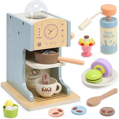 Kids Coffee Playset Kitchen Toys，Wooden Coffee Maker Toy Set with Play Kitchen Accessories, Pretend Play Coffee Set for Kids Girls Boys