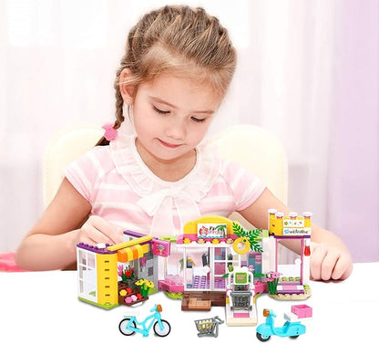 BRICK STORY Girls Friends Supermarket Building Set 376 PCS, Seaside Grocery Store Flower Shop Building Kit, Beach Shopping Mall Toy Educational Building Blocks Gift for Kids Ages 6-12
