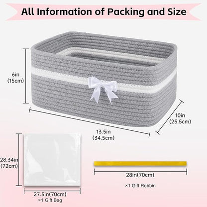 OIAHOMY Large Woven Storage Basket with Handles for Nursery Living Room Shelves, Bow Basket for Gifts Empty with Gift Bags and Ribbons for Baby Showers Pet Toy Bin - Grey