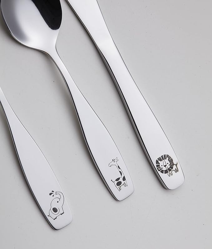 Exzact Kids Flatware 6pcs Toddler Utensils Children Silverware 18/10 Stainless Steel - Dishwasher Safe, 2 Years + (Safari)