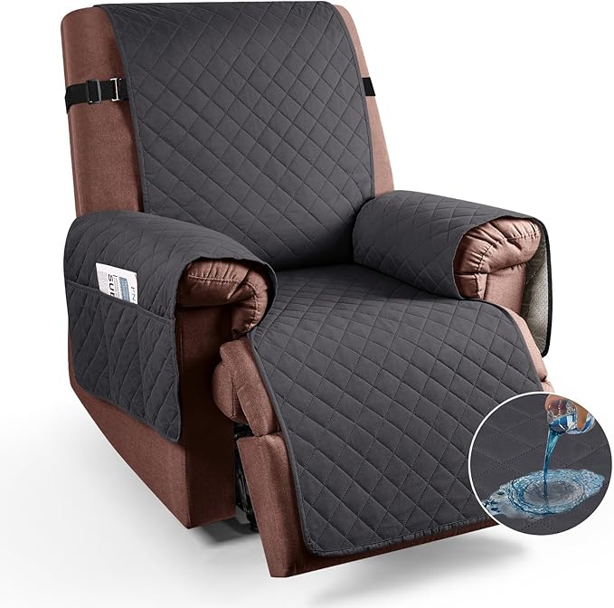 KinCam 100% Waterproof Recliner Chair Cover, Reclining Couch Covers for Pets, Dogs, Recliner Couch Slipcover Furniture Protector with Elastic Straps for Kids(23.6", Charcoal Gray)