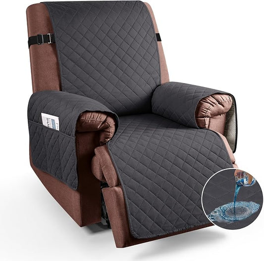 KinCam 100% Waterproof Recliner Chair Cover, Reclining Couch Covers for Pets, Dogs, Recliner Couch Slipcover Furniture Protector with Elastic Straps for Kids(23.6", Charcoal Gray)