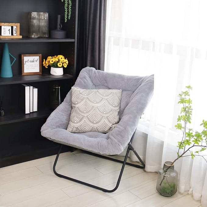 Tiita Comfy Saucer Chair, Soft Faux Fur Oversized Folding Accent Chair, Lounge Lazy Chair for Kids Teens Adults, Metal Frame Moon Chair for Bedroom, Living Room, Dorm Rooms, X-Large, Grey