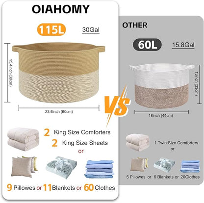 OIAHOMY 115L Extra Large Blanket Basket, 23.6" x 15.4" Woven Cotton Rope Laundry Basket for Organizing Pillows, Decorative Stuffed Animal Toy Storage Bin for Nursery, Jute and White