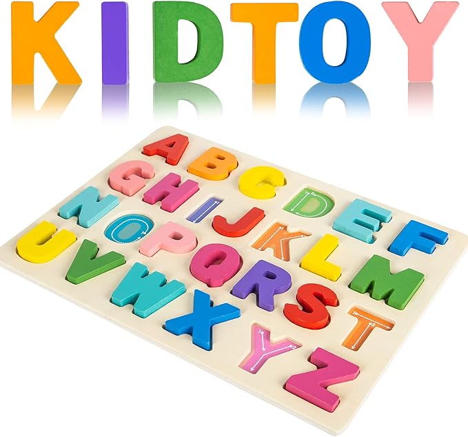 Attmu Wooden Puzzles for Toddlers, Alphabet Puzzle and Number Puzzle, 2 in 1 Preschool Educational Learning Toys with Chunky Wood ABC Puzzle Board, for Girls Boys Kindergarten Set of 2