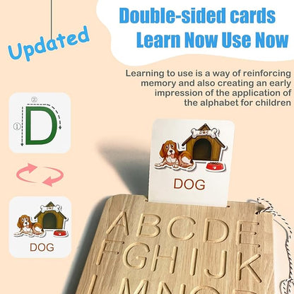 Montessori Alphabet Tracing Board, Oak Made Come with 26 Pcs Cards & Pen Grip Toddlers Double-Side Learning Toys ABC 3+ Kids Preschool Practice Materials Letters Writing Homeschool