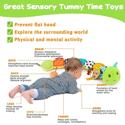 Baby Sensory Toy 0-6 Month Music Animal Stuffed Plush Caterpillar Toy for Infant 0-3-6-12 Month Old Tummy Time with Mirror Crinkle Rattle Toys for Newborn Boys Girl Shower Gifts Easter Basket Stuffer
