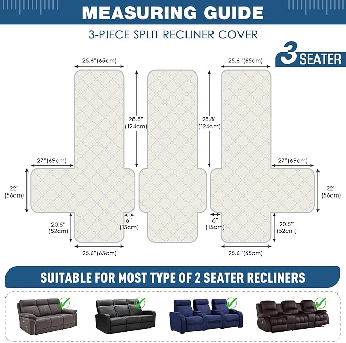TAOCOCO 100% Waterproof Recliner Couch Cover, Non Slip Split Couch Covers for Reclining Couches with Elastic Straps, Washable Reclining Couch Covers Furniture Protector for Pets(3 Seater, Light Grey)