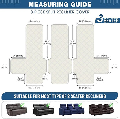 TAOCOCO 100% Waterproof Recliner Couch Cover, Non Slip Split Couch Covers for Reclining Couches with Elastic Straps, Washable Reclining Couch Covers Furniture Protector for Pets(3 Seater, Light Grey)