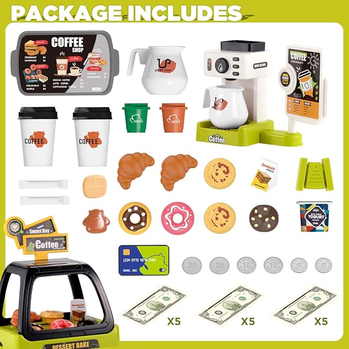 GAGAKU Toy Coffee Maker Machine and Cash Register Kit with Sound Light Kids Kitchen Pretend Play Sets Kitchen Appliances Toy for Boys Girls-Green