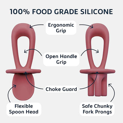 Tiny Twinkle Silicone Training Utensils, Baby Spoons and Baby Forks For Self-Feeding Training, Silicone Baby Led Weaning Utensils For Toddlers And Babies 6-24 Months, Baby Feeding Supplies (Burgundy)