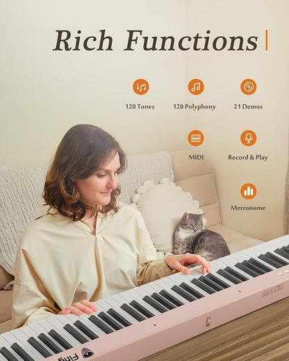 Portable Piano Keyboard, Semi-Weighted Folding Digital Piano 88 Key, Full Size, Wood Grain, Electric Piano Keyboard w/MIDI Bluetooth, Suitable for Adult, Toddler