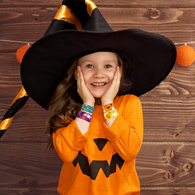 Halloween Slap Bracelets for Kids, 100 Halloween Bracelet Toys Bulk For Kids Girls Boys, Trick or Treat Party Favors, Classroom Prizes, Exchanging Gifts, Halloween Party Gift Treat Bag Filler Supply