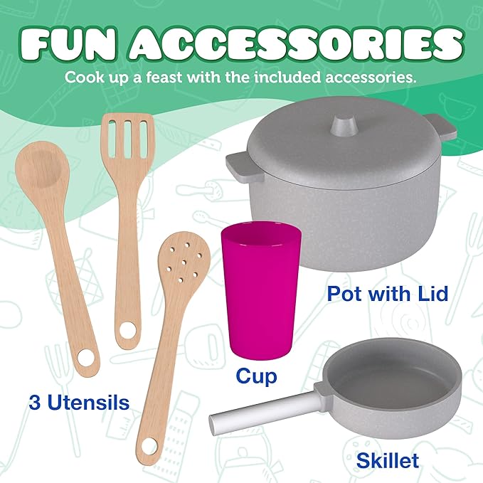 Play Kitchen - Wooden Kitchen Playset for Toddlers & Kids - Large Pretend Kitchenette for Boys & Girls - Step by Step Assembly Video Included- with 9 Kitchen Toy Accessories - Ages 3+