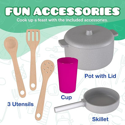 Play Kitchen - Wooden Kitchen Playset for Toddlers & Kids - Large Pretend Kitchenette for Boys & Girls - Step by Step Assembly Video Included- with 9 Kitchen Toy Accessories - Ages 3+