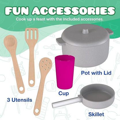 Play Kitchen - Wooden Kitchen Playset for Toddlers & Kids - Large Pretend Kitchenette for Boys & Girls - Step by Step Assembly Video Included- with 9 Kitchen Toy Accessories - Ages 3+