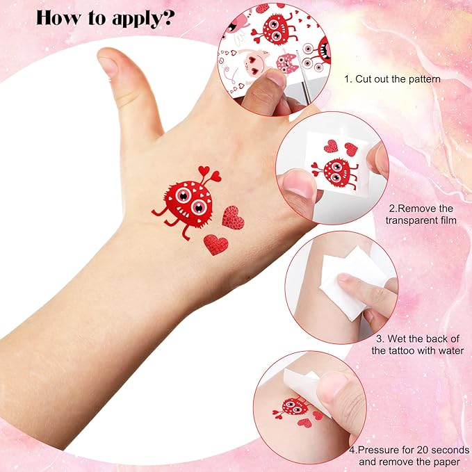 12 Valentines Slap Bracelets Wristbands, 12 Kids Temporary Tattoos Sheet, Heart Donut Monster Friendship,Valentine’s Day Party Favors Supplies, Valentines Gift Classroom Prizes Exchanging