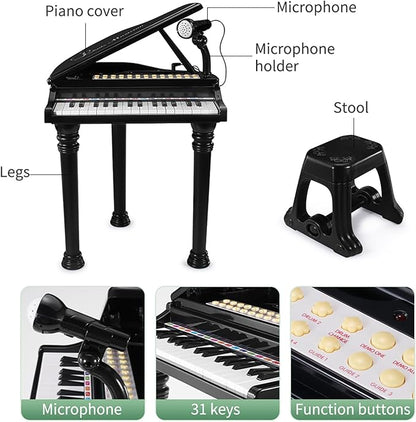 Losbenco Kids Piano Keyboard Toy, Toddler Electronic Musical Instrument Educational Toy with Microphone, Multiple Sounds, Record Playback, Lights & Stool, Birthday Gift for 3 4 5 6 7 Years Old Girls