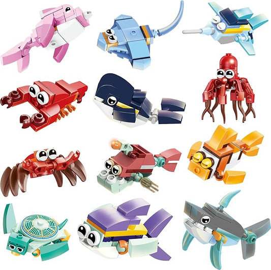 Party Favors for Kids - 12 Pack Animals Building Blocks for Goodie Bags Stocking Stuffers Classroom Prizes Birthday Gifts Toy Building Sets for Kids 6-12yrs