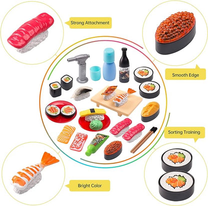 Sushi Slicing Play Food Set, 34Pcs, 3+ Ages LED Light with Color Changing Pretend Food Toys Accessories with Velcro for Kids, Play Kitchen for Toddlers, Learning Gift for Girls Boys