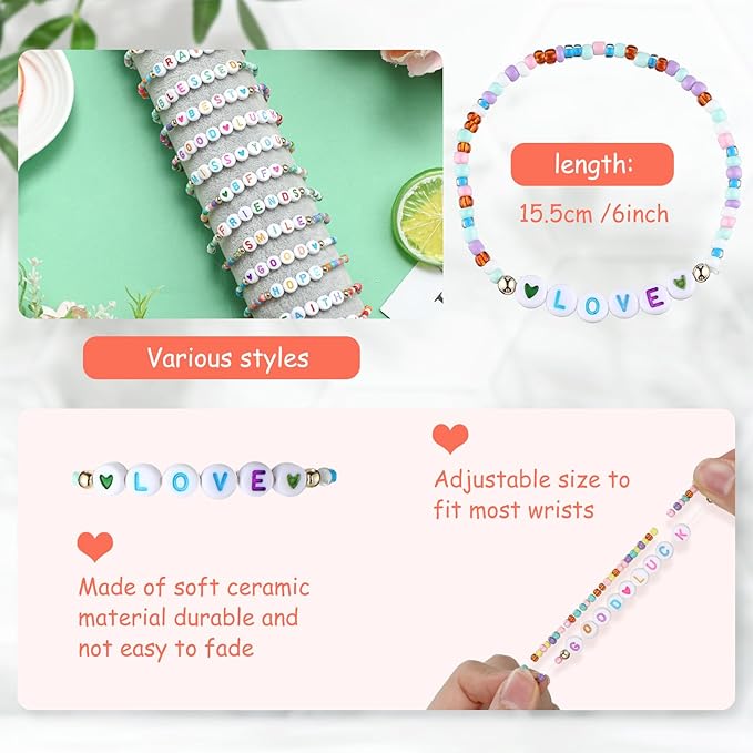48 Pcs Valentine's Day Kids Friendship Bracelet Set Adjustable Beads Bracelets Cute Friendship Princess Pretend Play Bracelet Stretch Bracelet Preppy Bracelets Set for Girls Women(Exquisite)