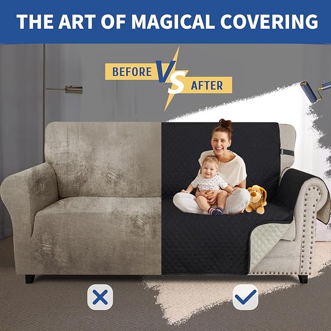 XINEAGE Oversized Sofa Cover Waterproof Couch Covers for 3 Cushion Couch, Soft Washable Slipcover with Pockets & Non-Slip Elastic Straps, Dog Pets Proof Thick Furniture Protector (XL-Sofa, Black)