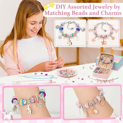 110 Charm Bracelet Making Kit, Jewelry Making Kit for Girls DIY Bead Necklace Kit with Initial Bracelet Box Unicorns Crafts Arts Girls Toys Age 8-12 Birthday Valentines Day Gifts for Kids - C
