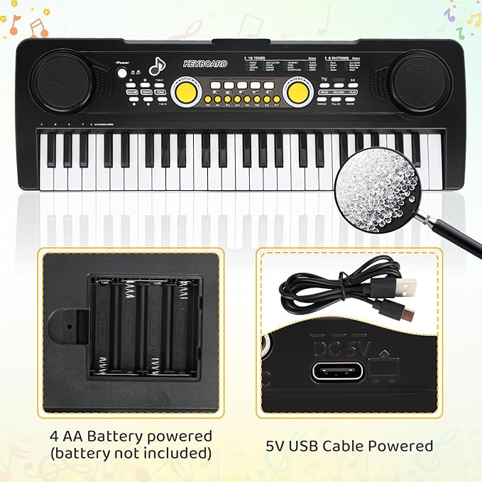 Kids Piano Keyboard with Microphone, 49 Keys Portable Electronic Piano Keyboard for Kids Beginners Ages 3 4 5 6 7, Toy Music Keyboard Birthday Xmas Gift for Girls Boys, Black