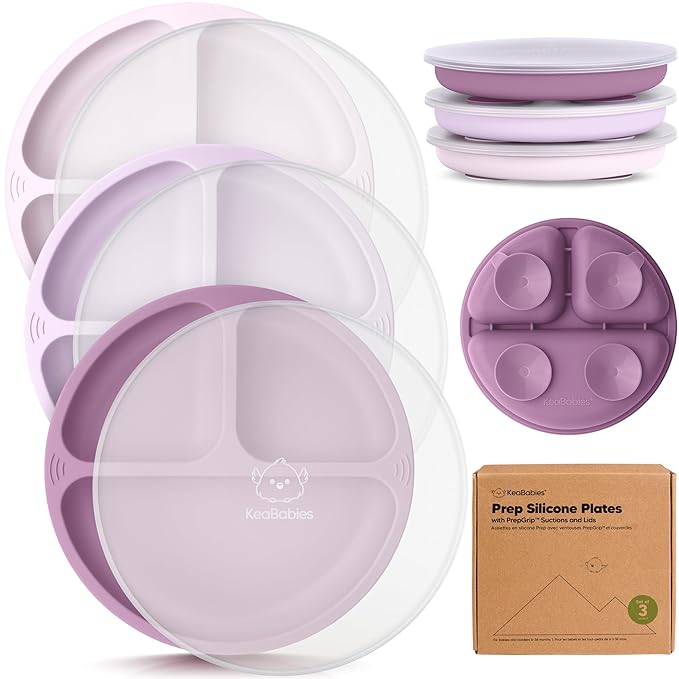 KeaBabies Suction Plates with Lids for Baby - 3-Pack 100% Silicone Suction Plates for Baby, Kids,Toddler Plates,Divided Baby Plates with Suction,Lids, BPA-Free, Microwave, Dishwasher Safe (Amethyst)