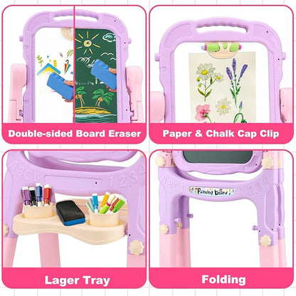 Kids Easels for Toddlers 2-4 Double Sided Kids Art Easel with Magnetic White Board & Chalk Board Adjustable Stand Drawing Painting Easel Learning Toys Age 2 3 4 Year Old Girl Birthday