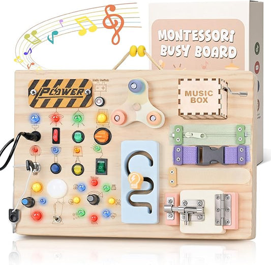 Sanlebi Wooden Busy Board Montessori Toys for Toddlers with Buttom Switch, Music Box & Locks, Sensory Activity Board Learning Toy Gifts
