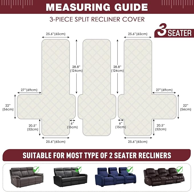 TAOCOCO 100% Waterproof Recliner Sofa Cover, Non Slip Split Couch Covers for Reclining Couches with Elastic Straps, Washable Reclining Sofa Cover Furniture Protector for Kids Pets(3 Seater, Wine)