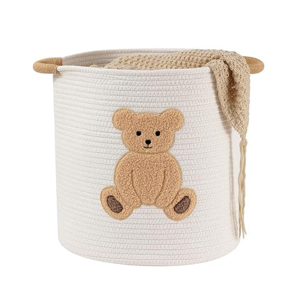 Large Blanket Baskets for Living Room, Teddy Bear Baskets Toy Storage Basket Woven Cotton Rope Basket for Kids, Toys Organizer Clothes Hamper with Embroidery, Teddy Bear Nursery Decor ( Large )